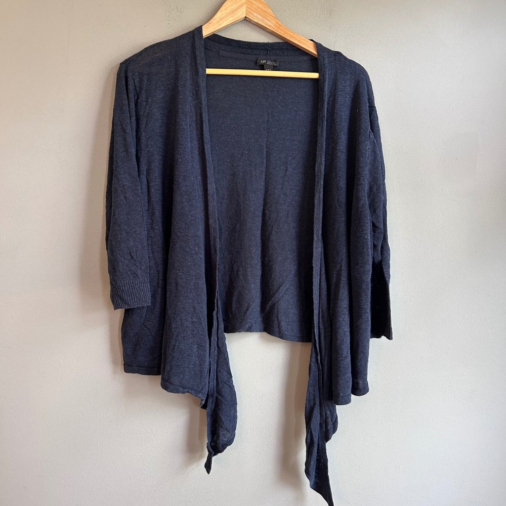 J.Jill Wearever Navy Blue Linen Blend Tie Front Cardigan 2X 3/4 Sleeve Sweater